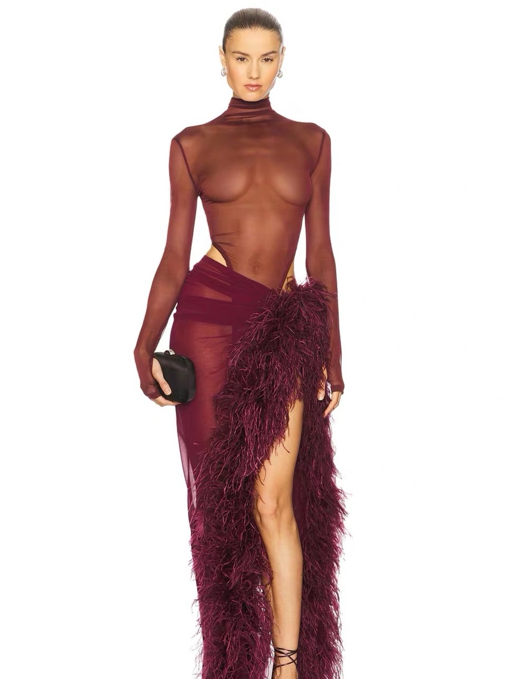 Bronx & Banco Burgundy Mesh Long Sleeve Body Suit NWOT